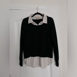 black v neck sweater with built in white blouse at hem & collar women’s size M